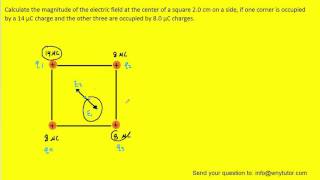 calculate the magnitude of the electric field at the center of a square [upl. by Aihsyak555]