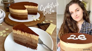 CSOKITRIÓ 🍫🤍🤎  Triplacsokis Mousse torta  BebePiskóta [upl. by Yrdnal]