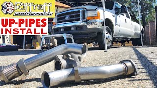 2001 F350 73  RiffRaff UpPipes Install  Stock up pipes leaking and falling apart JUNK SP [upl. by Lahcim]