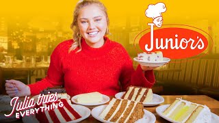 Julia Tries ALL Of The Most Popular Cheesecakes From Juniors  Delish [upl. by Weingartner389]