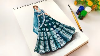 How to draw beautiful traditional lehenga drawing  lehenga illustration [upl. by Mattah]